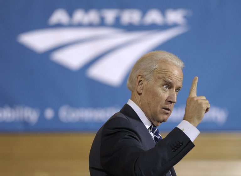 Vice President Joe Biden speaks to an audience gathered during an electric locomotive unveiling on Thursday in Philadelphia. (Michael Perez/AP Images for Siemens)