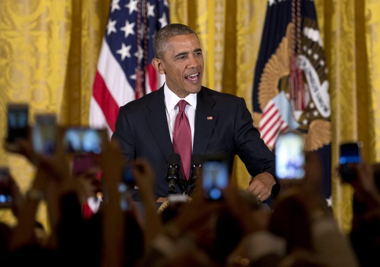 The president's decision to wait until his final two years in office to try to push the two major trade measures over the objections of skeptical Democrats also is weakening his hand, GOP leaders assert. (AP Photo)Â 