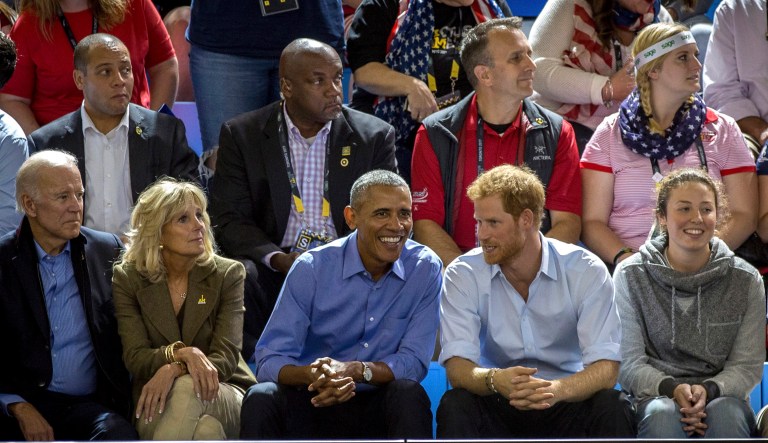 Vice President Joe Biden, his wife Jill, former President Barack Obama and Britain's Prince Harry watch wheelchair basketball at the Invictus Games in Toronto on Friday. (Chris Donovan/The Canadian Press via AP)