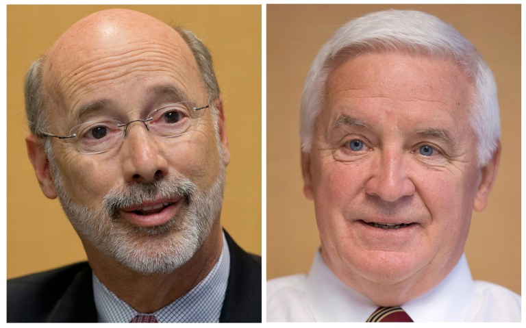 A Thursday poll shows Democrat Tom Wolf, left, maintaining a large lead on incumbent Pennsylvania Gov. Tom Corbett, a Republican, in the November race. (AP/Matt Rourke)