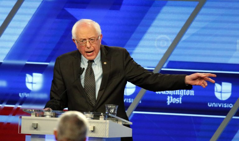 Democratic presidential candidate, Sen. Bernie Sanders, I-Vt, speaks at the Univision, Washington Post Democratic presidential debate at Miami-Dade College, Wednesday, March 9, 2016, in Miami, Fla. (AP Photo/Wilfredo Lee)