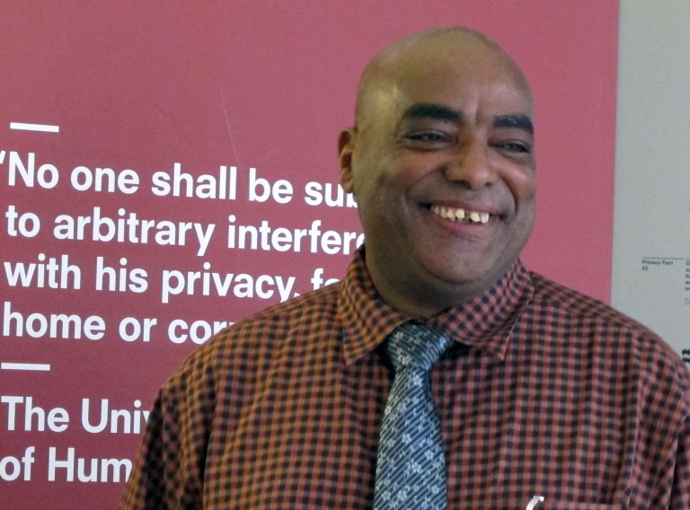 Ethiopian refugee Tadesse Kersmo talks to the media at the London offices of Privacy International Monday Feb. 17, 2014, after experts found traces of sophisticated surveillance software on his computer used for cyberattacks, and is calling on British authorities to open an investigation. Expatriot Ethiopian Kersmo accused the Ethiopian government of deploying the computer software to spy on his communications with members of the country's opposition groups. (AP Photo / Raphael Satter)