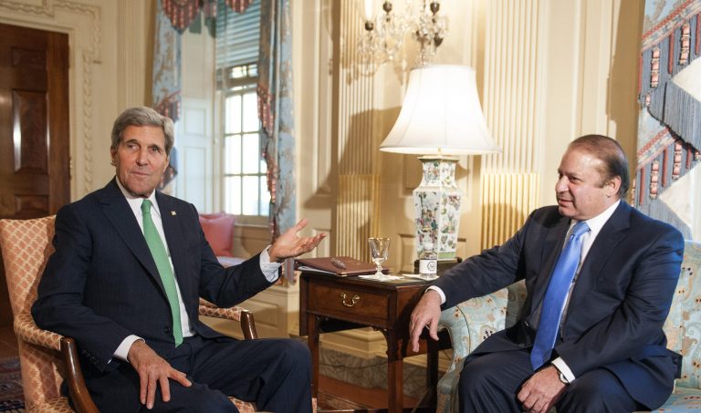 Secretary of State John Kerry meets with Pakistan Prime Minister Nawaz Sharif at the State Department in Washington, Sunday, Oct. 20, 2013. (AP Photo/Cliff Owen)