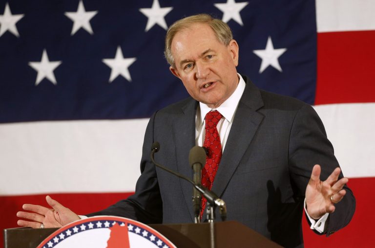 Former Virginia Gov. Jim Gilmore speaks at a Republican Leadership Summit, Friday, April 17, 2015, in Nashua, N.H. (AP Photo/Jim Cole)