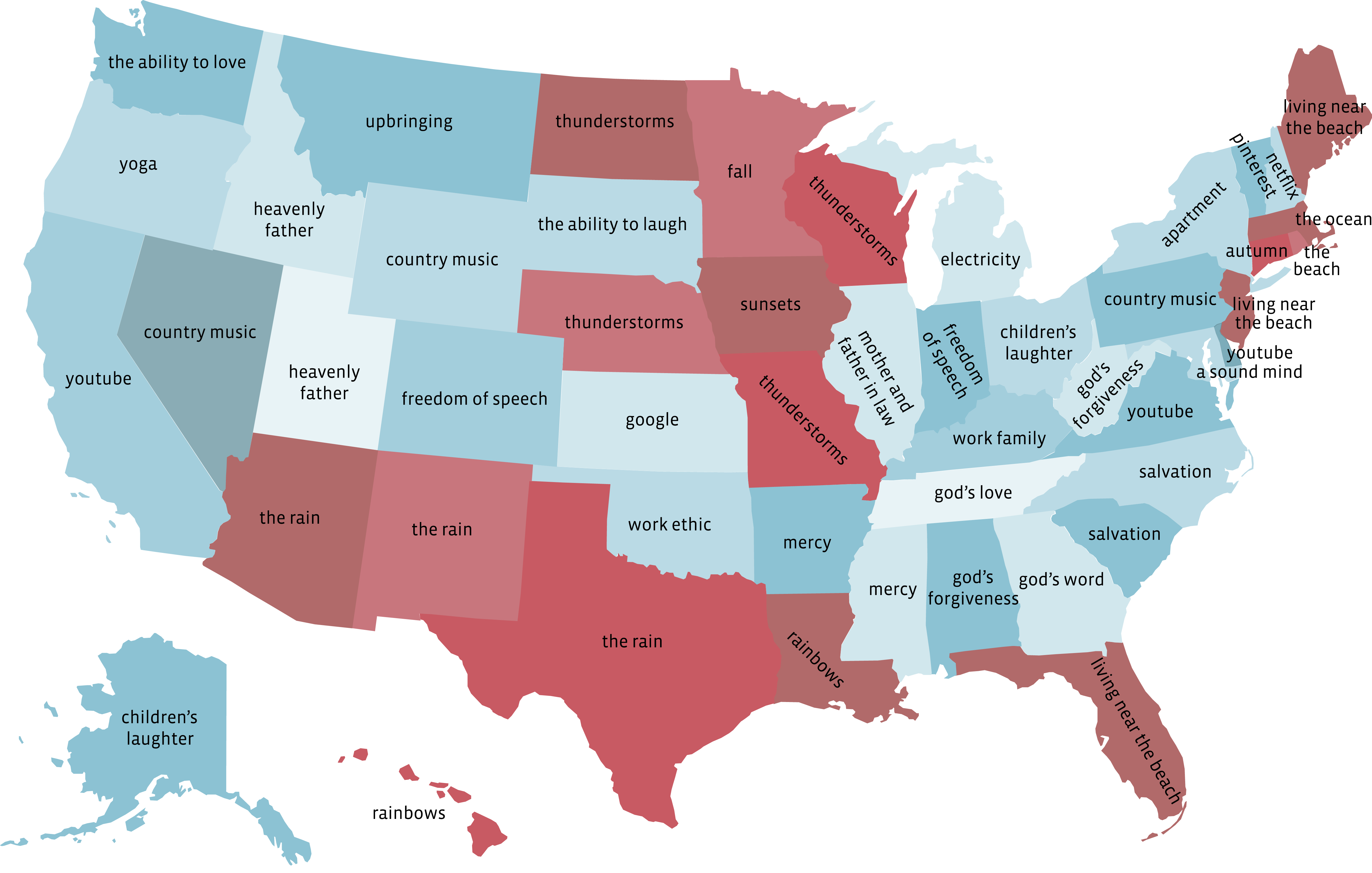 What people in each state are most thankful for, in one map