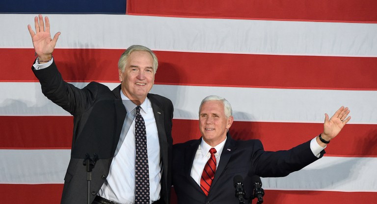 Vice President Mike Pence, right, makes a campaign stop to support Sen. Luther Strange in Birmingham, Ala., Monday, Sept. 25, 2017. President Donald Trump called an Alabama radio show Monday to urge support for Strange in Tuesday's runoff for the GOP nomination, and Pence campaigned for Strange in Birmingham while Trump's former strategist, Steve Bannon, spoke at a Moore rally at the coast. (Joe Songer/AL.com via AP)