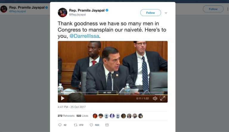 Rep. Pramila Jayapal, D-Wash., called out Rep. Darrell Issa, R-Calif., on Twitter Wednesday following a dispute over the Agricultural Guestworker Act of 2017, which would allow farmers to hire experienced foreign workers when Americans aren't available. (screenshot)