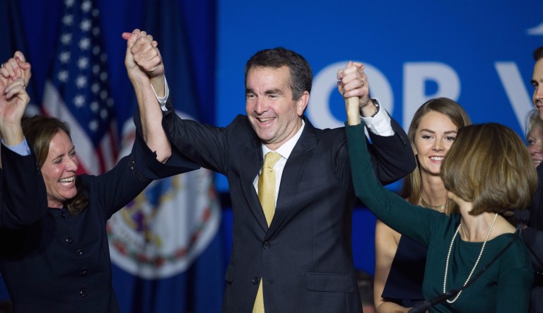 Virginia Gov.-elect Ralph Northam celebrated his election victory with his family Tuesday night at a party at George Mason University in Fairfax, Va. And he wasn't the only Democrat celebrating on Election Day. (AP Photo/Cliff Owen)