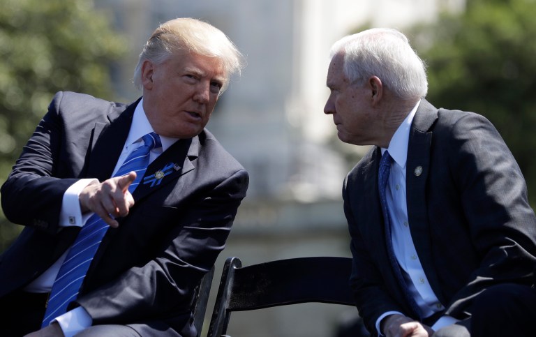 President Trump sang his praised Attorney General Jeff Sessions on Saturday following an announcement by the Department of Justice about its plan to crack down on leakers. (AP Photo/Evan Vucci, file)