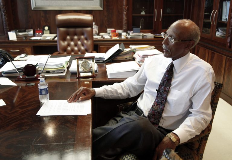   Detroit Mayor Dave Bings talks during an interview with the Associated Press in Detroit, Thursday, June 14, 2012. Bing says the Motor City is in the late portion of its comeback effort, down double digits and he has the ball. (AP Photo/Paul Sancya)  