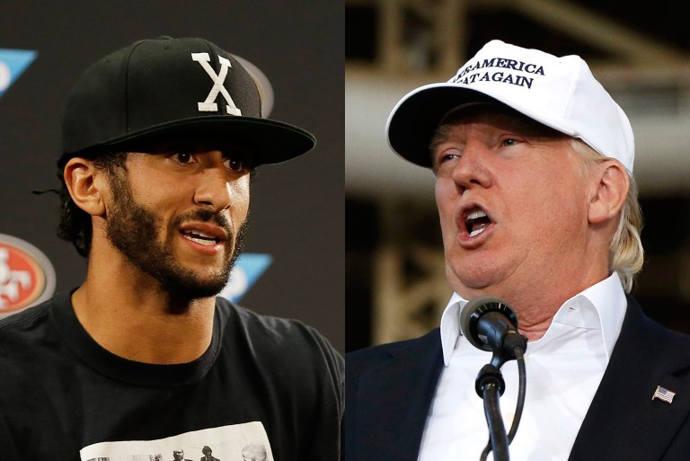 Republican presidential nominee Donald Trump fired back at San Francisco 49ers quarterback Colin Kaepernick Monday over not standing during the national anthem. (AP Photos)