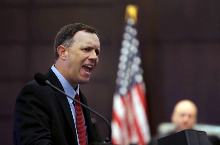 Assistant State Attorney Bill Ezzell gives closing statements during Pedro Bravo's murder trial Friday, Aug. 15, 2014, in Gainesville, Fla. Bravo is accused of killing University of Florida student Christian Aguilar. (AP Photo/The Gainesville Sun, Doug Finger)