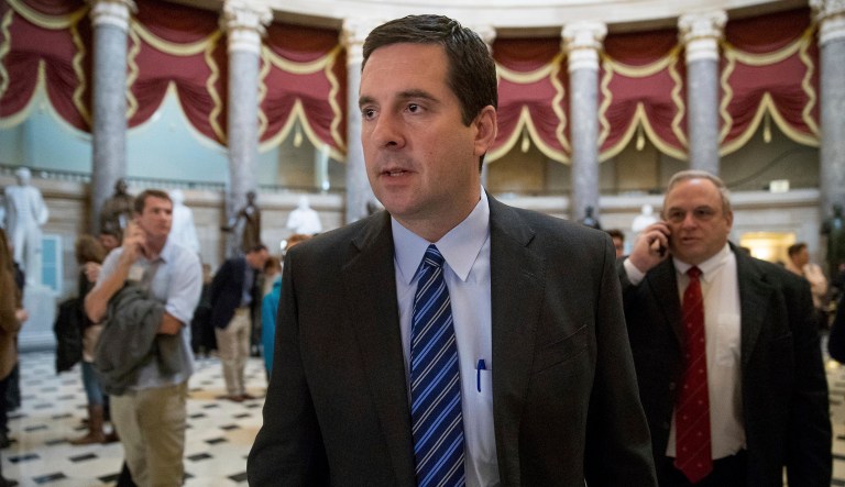 House Intelligence Committee Chairman Rep. Devin Nunes, R-Calif. walks through Statuary Hall on Capitol Hill. Six Democratic candidates are vying for his Congressional seat, and one of them put a billboard depicting Nunes and President Trump under Russian President Vladimir Putin's leash. (AP Photo/Andrew Harnik)