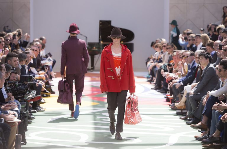 A model wears a creation by Burberry Prorsum during London Collections for Men Spring/Summer 2015 at Kensington Gardens, central London, Tuesday, June 17, 2014. (Photo by Joel Ryan/Invision/AP)