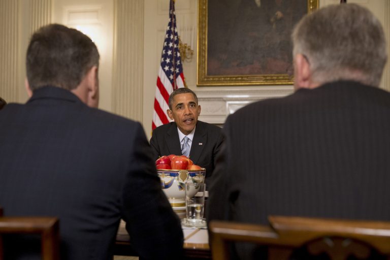President Obama meets with members of the Democratic Governors Association on Friday in the State Dining Room of the White House in Washington. (AP Photo/Jacquelyn Martin)