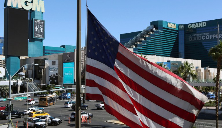 A mass shooting occurred late night Sunday at a music festival on the Las Vegas Strip. (AP Photo/Ronda Churchill)