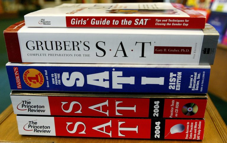 SAN FRANCISCO - AUGUST 26:  SAT preparation books are seen on a shelf at A Clean Well Lighted Place For Books bookstore August 26, 2003 in San Francisco. The College Board today reports significant gains in both SAT math and verbal average scores, with each rising three points from last year marking the highest level for math scores in more than 35 years, while verbal scores matched the level last reached in 1987. At the same time, more students took the SAT than ever before, which indicates a growing need and desire for higher education.  (Photo by Justin Sullivan/Getty Images)