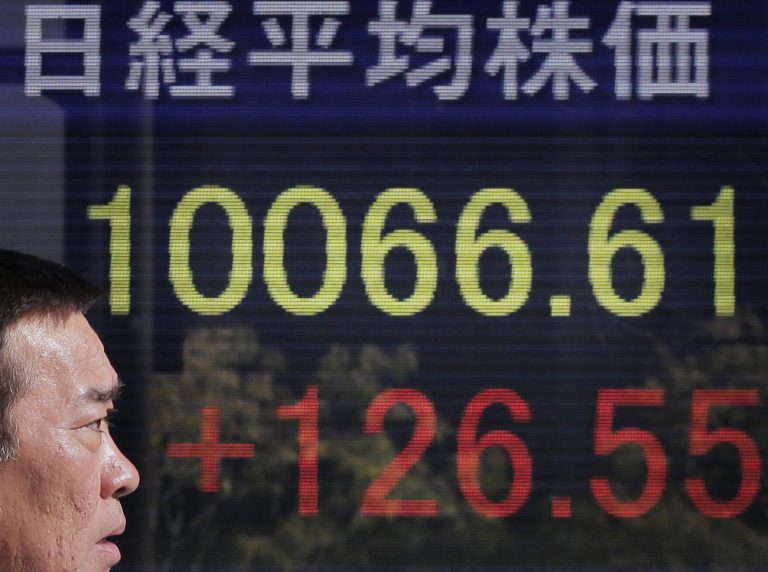   A man walks in front of the electronic stock board of a securities firm showing Japan's Nikkei 225 index rose 126.55 points to 10066.61 in Tokyo, Tuesday, Dec. 25, 2012. Japanâs benchmark stock index jumped Tuesday as a softening yen helped boost the countryâs powerhouse export sector. (AP Photo/Itsuo Inouye)  