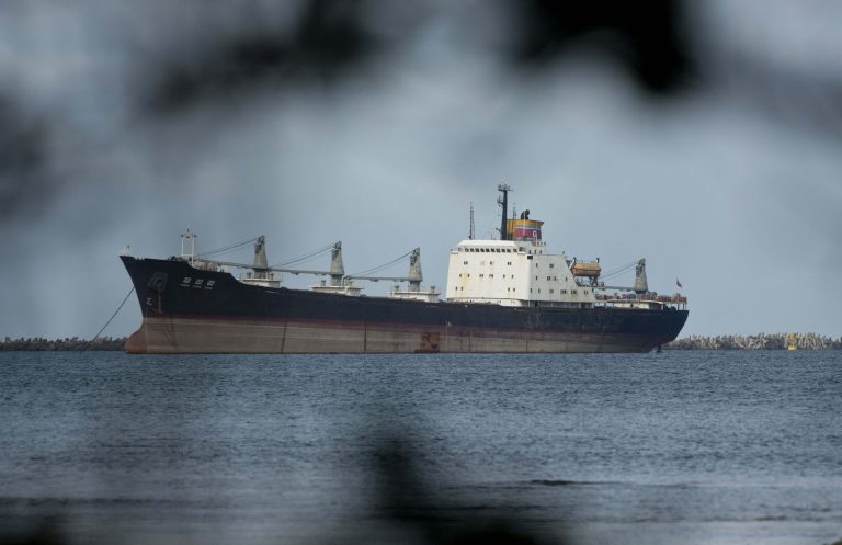 FILE - in this Nov. 27, 2013 file photo, the North Korean-flagged cargo ship Chong Chon Gang sits in Sherman Bay near Colon City, Panama. Judicial authorities have ordered the release of 32 of 35 crew members of a North Korean ship detained last July for carrying hidden arms from Cuba and they were working Thursday, Jan. 30, 2014, on paperwork needed to leave. (AP Photo/Arnulfo Franco, File)