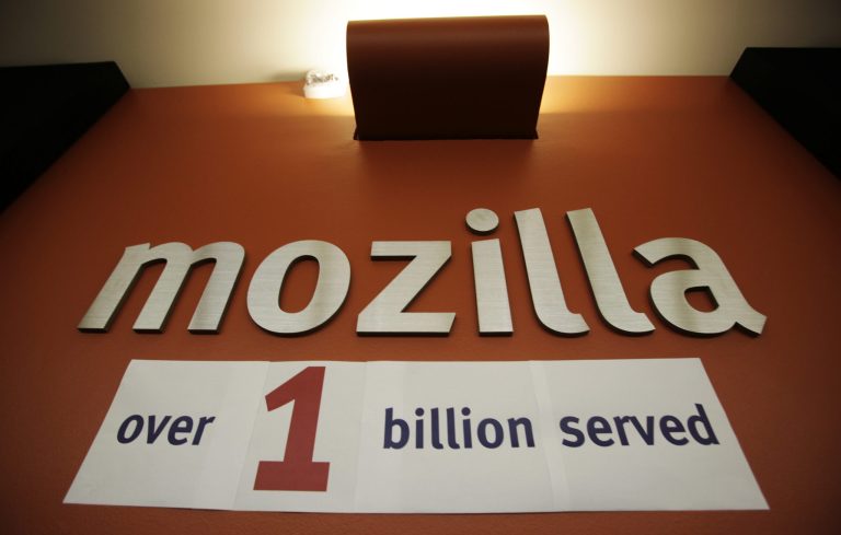 A celebration sign is posted at Mozilla headquarters in Mountain View, Calif., Friday, July 31, 2009. According to Mozilla, the Firefox browser has been downloaded over a billion times. (AP Photo/Paul Sakuma)