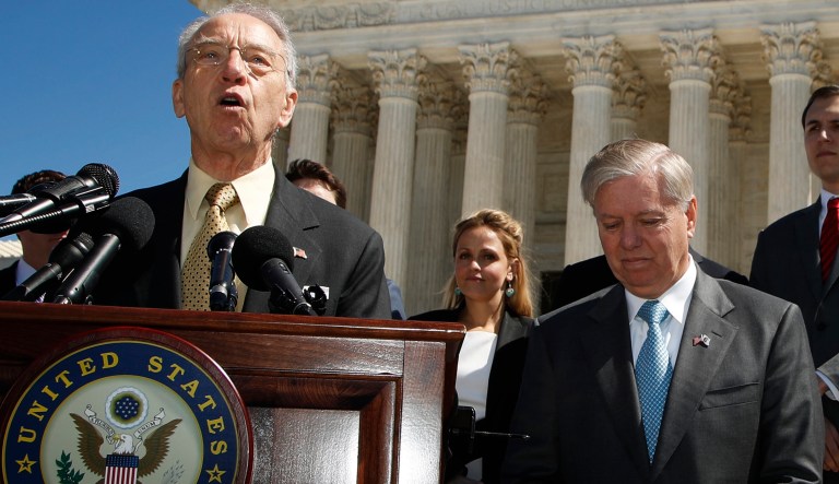 In a letter to Deputy Attorney General Rod Rosenstein and Acting FBI Director Andrew McCabe sent Tuesday and made public Wednesday, Sens. Chuck Grassley, R-Iowa, and Lindsey Graham, R-S.C., request "all proposed and final applications for surveillance warrants." (AP Photo/Manuel Balce Ceneta)