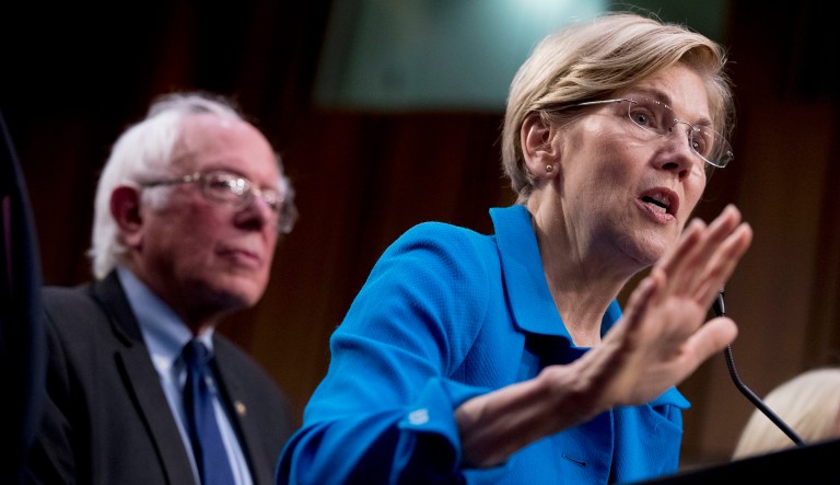 Sens. Elizabeth Warren, D-Mass., and Sen. Bernie Sanders, I-Vt., both signed a letter pushing President Trump to end the investor-state dispute settlement system established under the North American Free Trade Agreement. (AP Photo/Andrew Harnik)