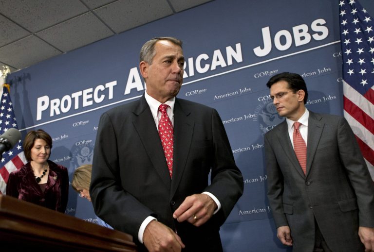   Speaker of the House John Boehner, R-Ohio, joined by Rep. Cathy McMorris Rodgers, left, and House Majority Leader Eric Cantor, R-Va., right, as they finish a news conference about the fiscal cliff negotiations after a closed-door GOP strategy session, at the Capitol in Washington, Tuesday, Dec. 18, 2012. (AP Photo/J. Scott Applewhite)  