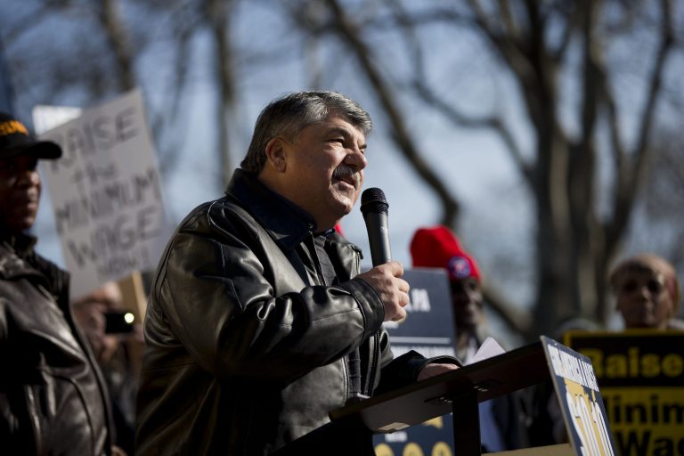 AFL-CIO President Richard Trumka speaks at a news conference in March in Philadelphia. (AP Photo/Matt Rourke)