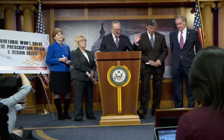 Sen. Charles Schumer, D-N.Y., center, accompanied by, from left, Sen. Jeanne Shaheen, D-N.H., Sen. Patty Murray, D-Wash., Sen. Joe Manchin, D-W.Va., Sen. Edward Markey, D-Mass., speak during a news conference on opioid and heroin abuse on Feb. 11 on Capitol Hill. (AP photo)