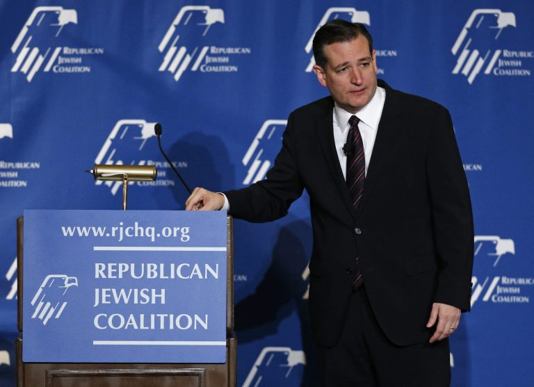 Presidential candidate Sen. Ted Cruz, R-Texas, speaks at the Republican Jewish Coalition spring leadership meeting Saturday, April 25, 2015, in Las Vegas. (AP Photo/John Locher)