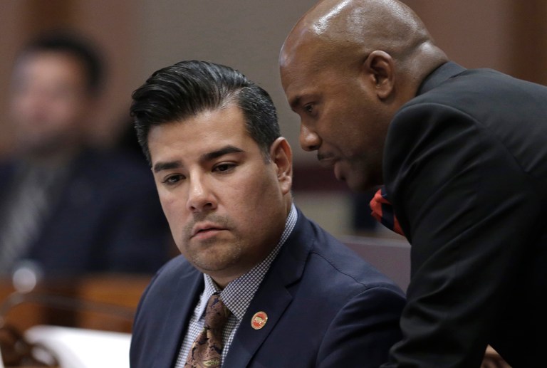 State Sen. Ricardo Lara, left, introduced a bill Friday that would make California the first state to adopt a single-payer system, according to the Los Angeles Times. (AP Photo/Rich Pedroncelli)