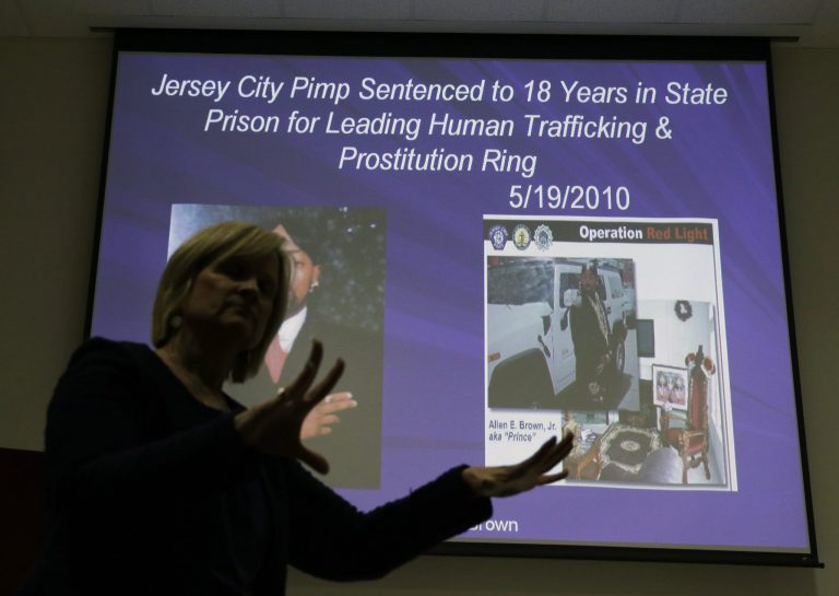 Kathleen Friess gives a presentation on human trafficking in Hamilton Township, N.J., for hotel and nightclub employees and tries to dispel notions of what human trafficking looks like. (AP/Mel Evans)
