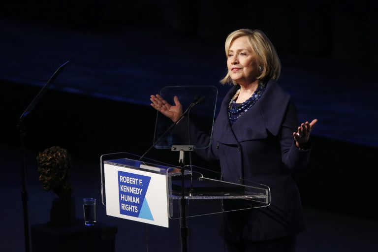 Former Secretary of State Hillary Rodham Clinton speaks after accepting the Robert F. Kennedy Ripple of Hope Award during a ceremony, Tuesday, Dec. 16, 2014 in New York. (AP Photo/Jason DeCrow)
