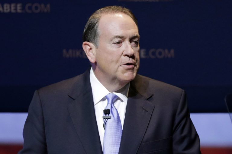 Former Arkansas Gov. Mike Huckabee speaks to supporters in Hope, Ark., Tuesday, May 5, 2015. (AP Photo/Danny Johnston)