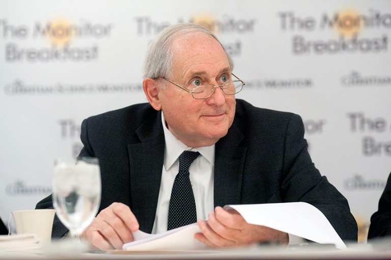 Sen. Carl Levin speaking to reporters. Michael Bonfigli/The Christian Science Monitor.