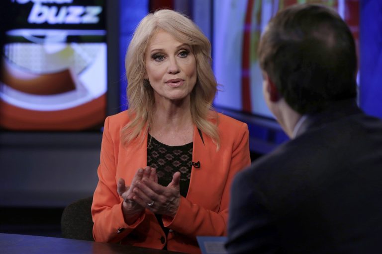Kellyanne Conway made the comment during a press briefing in Bedminster, N.J., along with Health and Human Services Secretary Tom Price. The briefing focused on the opioid epidemic. (AP Photo/Richard Drew)