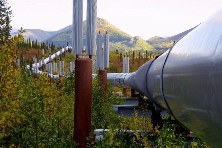 The Trans-Alaska oil pipeline, about 200 miles north of Fairbanks, Alaska. (AP)
