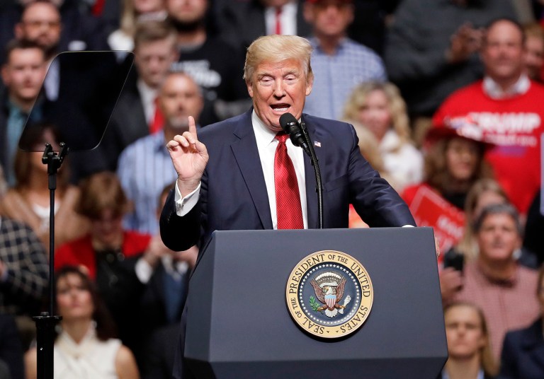 President Donald Trump speaks at a rally Wednesday, March 15, 2017, in Nashville, Tenn. (AP Photo/Mark Humphrey)