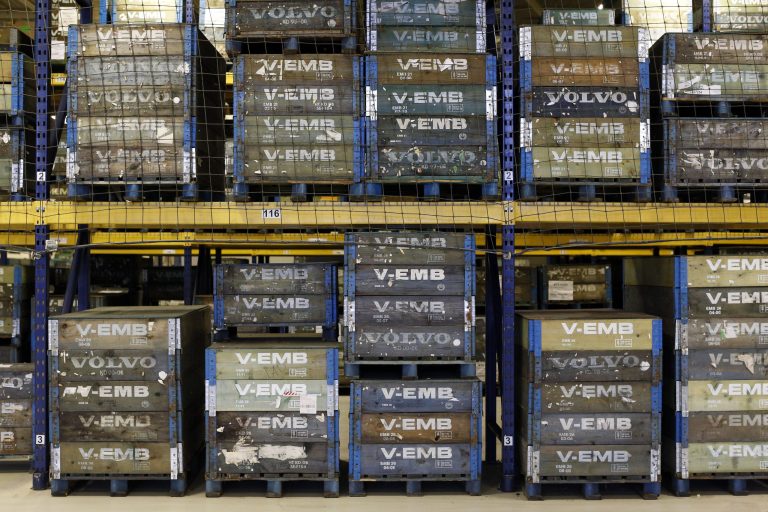 In this March 26, 2014 picture, crates containing engine and transmission parts sit on shelves at Volvo Trucks' powertrain manufacturing facility in Hagerstown, Md. The Commerce Department releases factory orders for February, on Wednesday, April 2, 2014. (AP Photo/Patrick Semansky)