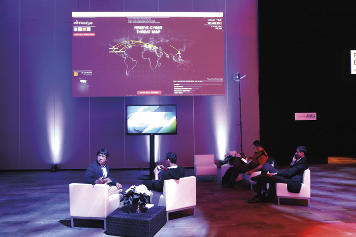 A cybersecurity threat map is displayed inside a lounge during the RSA Conference on Wednesday, April 22, 2015, in San Francisco. (AP Photo/Marcio Jose Sanchez)