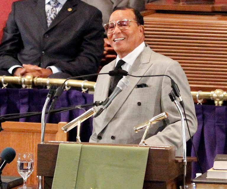 National of Islam leader Louis Farrakhan speaks at the Metropolitan AME Church in Washington to announce plans for the Millions for Justice march to be held in Washington on Oct. 10, during a news conference Wednesday, June 24, 2015. (AP Photo/Glynn A. Hill)