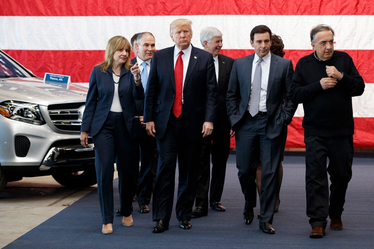 President Trump tours the American Center of Mobility in Ypsilanti Township, Mich. From left are, GM CEO Mary Barra, EPA administrator Scott Pruitt, Trump, Michigan Gov. Rick Snyder, Ford CEO Mark Fields, and Fiat Chrysler Sergio Marchionne. 