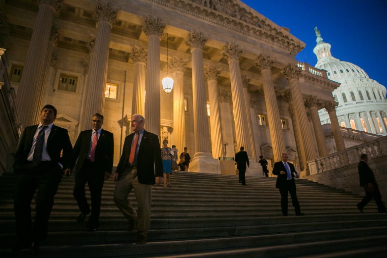 House Republicans leave the House side of the Capitol Building after dark, after voting on the rule of the continuing resolution Monday, Sept. 30, 2013. (Graeme Jennings/Washington Examiner)