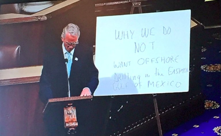 Rep. Francis Rooney, R-Fla., tried to make a one-minute case against offshore drilling. But it seems like his floor chart was made in one minute as well. (Screenshot via Twitter / Philip Wegmann)