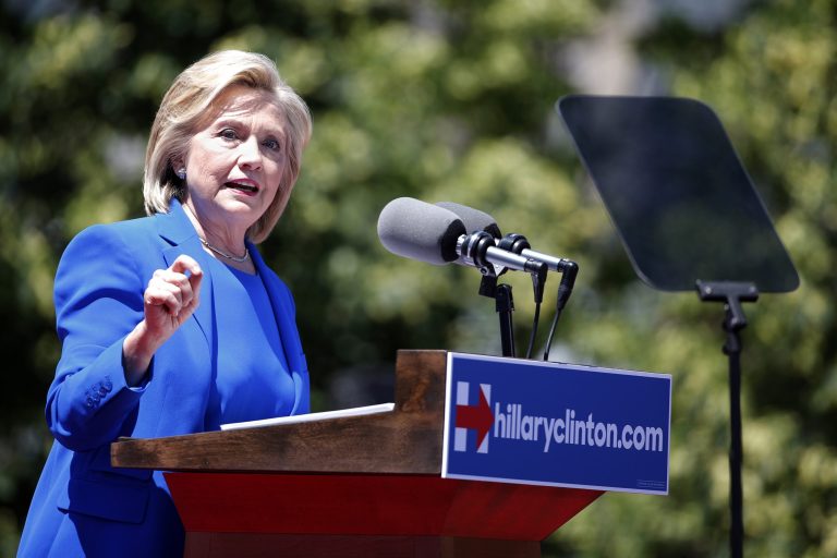 Democratic presidential candidate, former Secretary of State Hillary Rodham Clinton speaks to supporters Saturday, June 13, 2015, on Roosevelt Island in New York. (AP Photo/Julio Cortez)