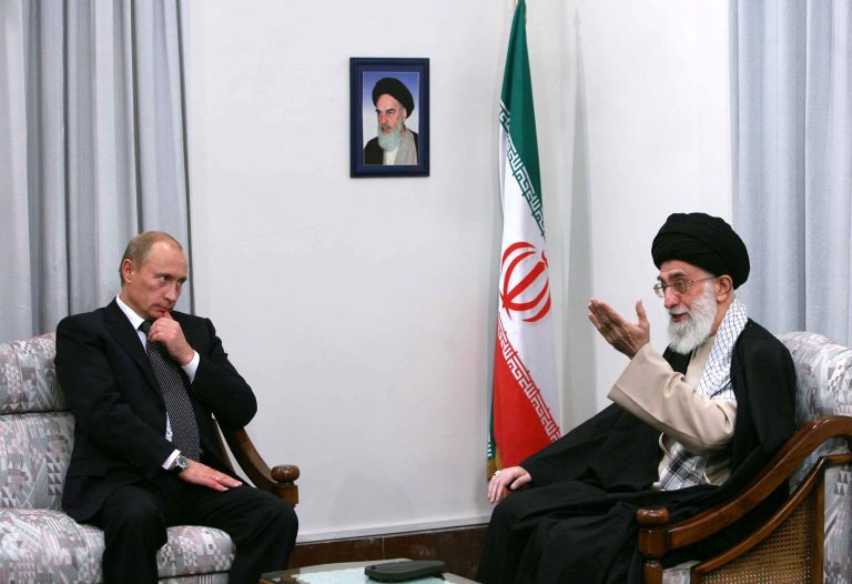 Russian President Vladimir Putin, left, and Iranian Supreme Leader Ayatollah Khamenei loom over the debate over military action in Syria.