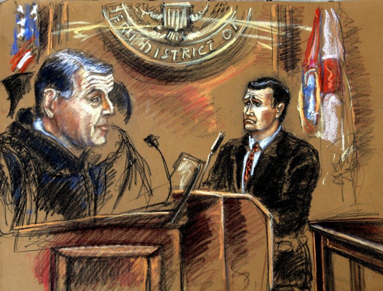 In an artist's rendering U.S. District Judge Paul C. Huck, left, presides over the sentencing of former lobbyist Jack Abramoff, right, in the SunCruz fraud case at the federal courthouse in Miami Wednesday, March 29, 2006. Abramoff and former business partner Adam Kidan plead guilty last year to conspiracy and fraud charges stemming from their $147.5 million purchase of the SunCruz Casinos gambling fleet. (AP Photo/Shirley Henderson)