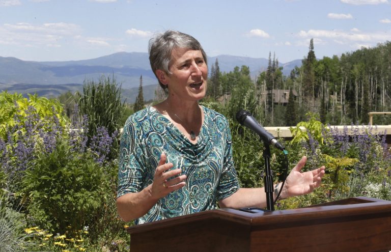 Interior Secretary Sally Jewell speaks with reporters during the Western Governors' Association 2013 annual meeting at Montage Deer Valley in Park City, Utah, onÃÂ June 28. (AP Photo/Rick Bowmer)