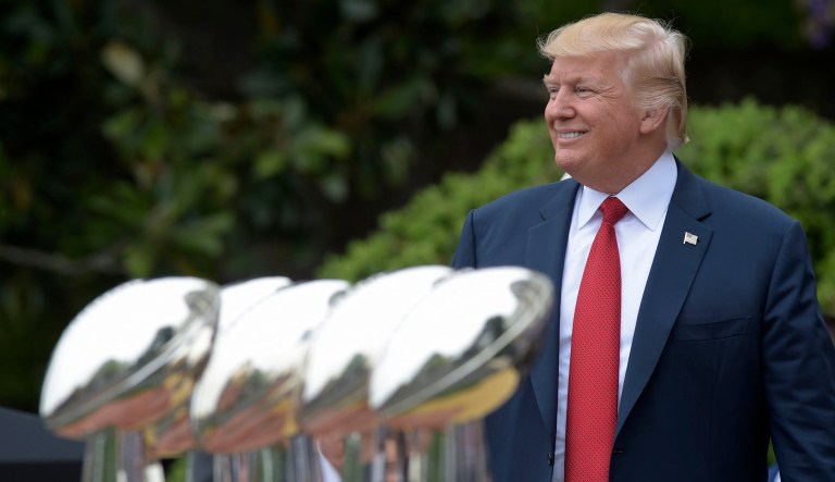 President Trump received a commemorative Super Bowl ring from longtime friend and New England Patriots owner Robert Kraft after the team visited the White House in April. (AP Photo/Susan Walsh, File)