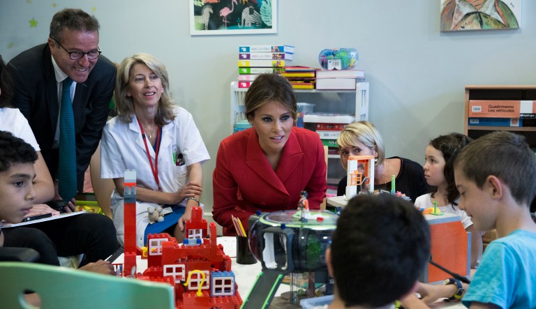 First lady Melania Trump visits the Necker hospital, France's biggest pediatric hospital in Paris, Thursday. (AP Photo/Kamil Zihnioglu)